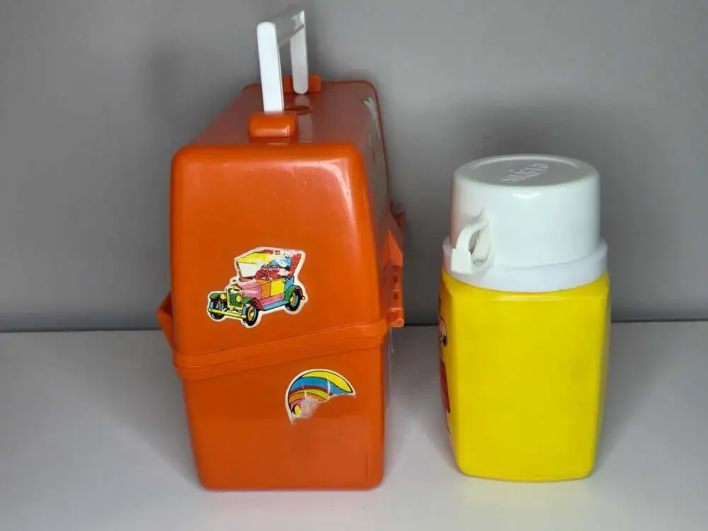 Vintage 1965 Peanuts 'Lunchtime with Snoopy' Orange Plastic Lunch Box w/ Thermos